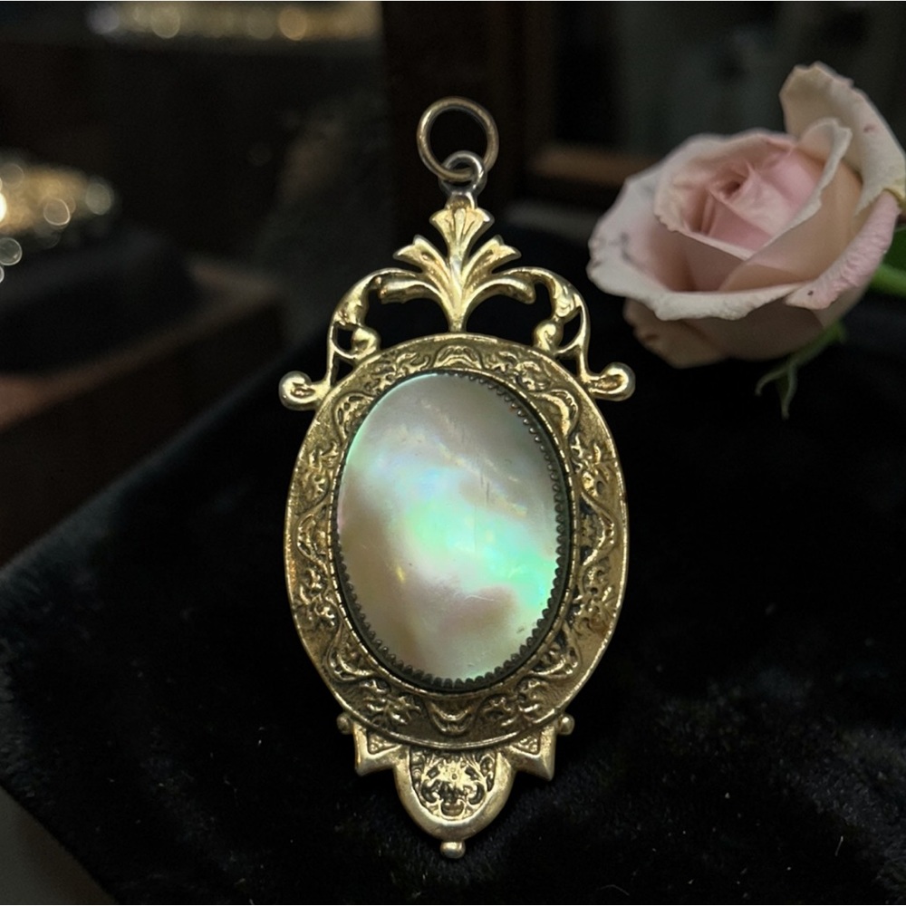 Antique Victorian 1880’s Mother of Pearl Pendant Ornate Gold Scrollwork